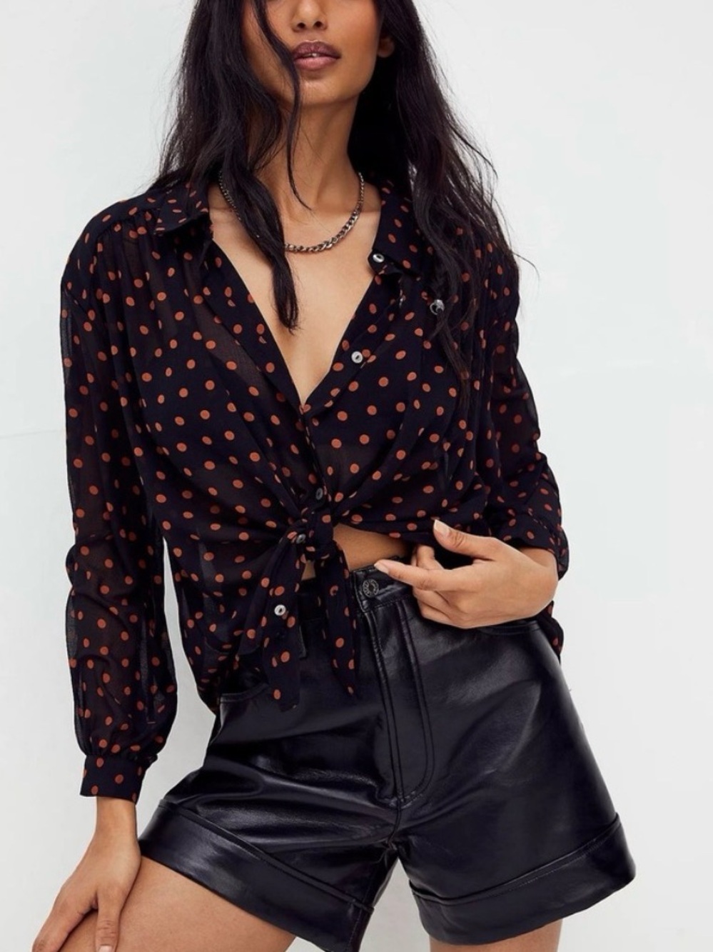 Free People Ciara Black Button-Down Blouse with Rust Polka Dots